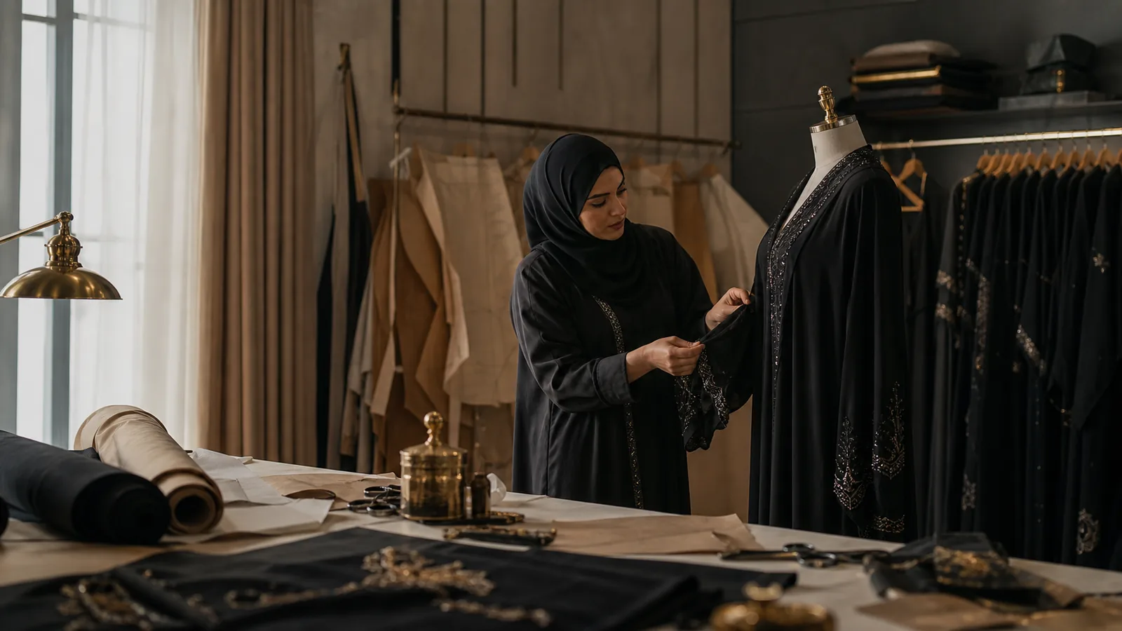 Sadu House designer crafting an embroidered abaya in Riyadh