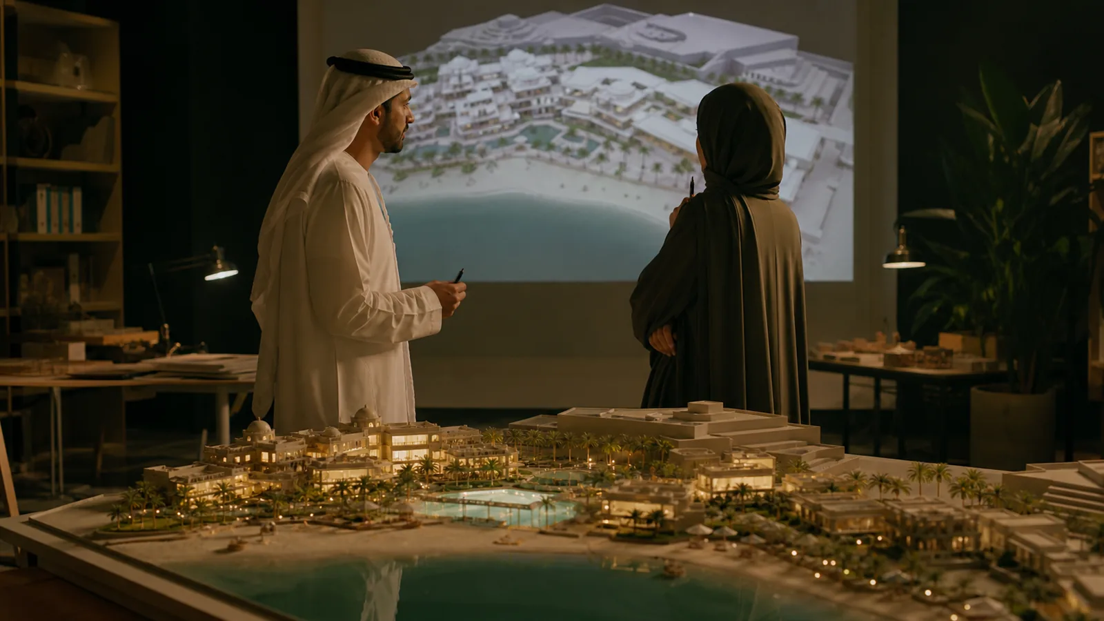 MENA spatial designers reviewing a resort model and projected 3D study